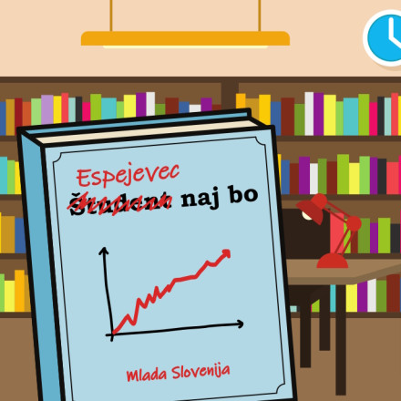 Risba prikazuje knjižnico, z mizo za učenje, v ospredju je na svetlo modri knjigi prečrtana beseda študent v naslovu Študent naj bo, nad njo je napisana beseda espejevec, tako da je nov naslov knjige Espejevec naj bo, pod naslovom je na roke narisan graf, ki spominja na graf vrednosti delnic, pod njim je kot avtor navedena Mlada Slovenija.