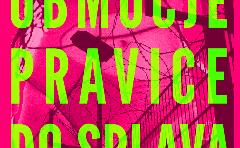 Živo roza ozadje s strupeno zelenim napisom: Območje pravice do splava