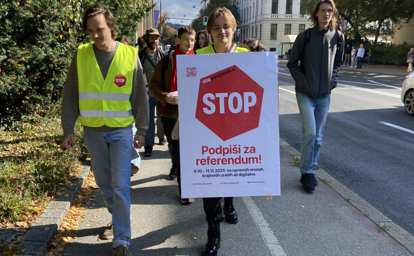Slika sprehoda študentk Filozofske fakultete do upravne enote na Tobačni z namenom, da bi oddale podpis proti pokojninski reformi. V ospredju ena izmed študentk na sebi nosi tablo Stop pokojninski.