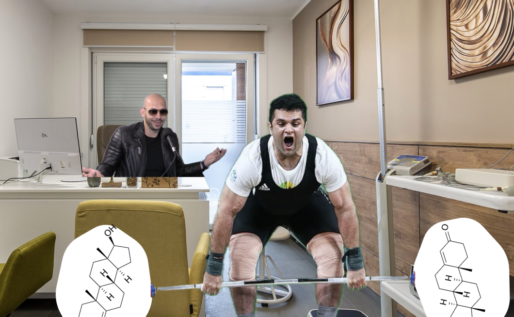 Dvigovalec uteži v zdravniški ordinaciji dviguje dve težki molekuli testosterona. V ozadju, za mizo, spletni vplivnež Andrew Tate govori v mikrofon.