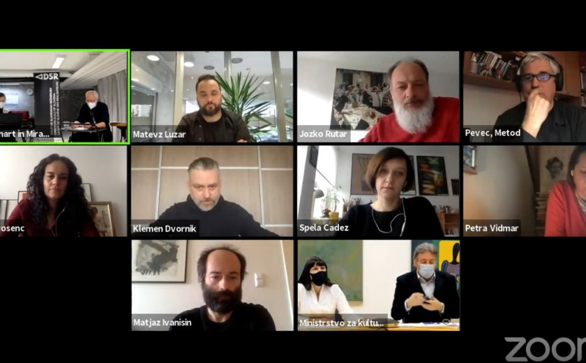 Udeleženci dogodka: Urša Menart in Miran Zupanič, Matevž Luzar, Jožko Rutar, Metod Pevec, Sonja Prosenc, Klemen Dvornik, Špela Čadež, Petra Vidmar, Matjaž Ivanišin, Vasko Simoniti in Uršula Menih Dokl