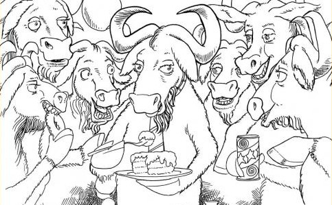 Ilustracija praznovanja GNU-jev s torto, prigrizki in pijačo